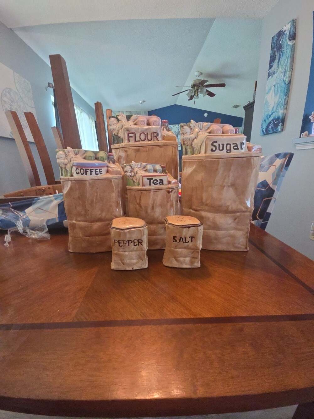 Vintage 1978 E.S. Molds Ceramic Grocery Paper Bag Canisters & Salt Pepper Shaker